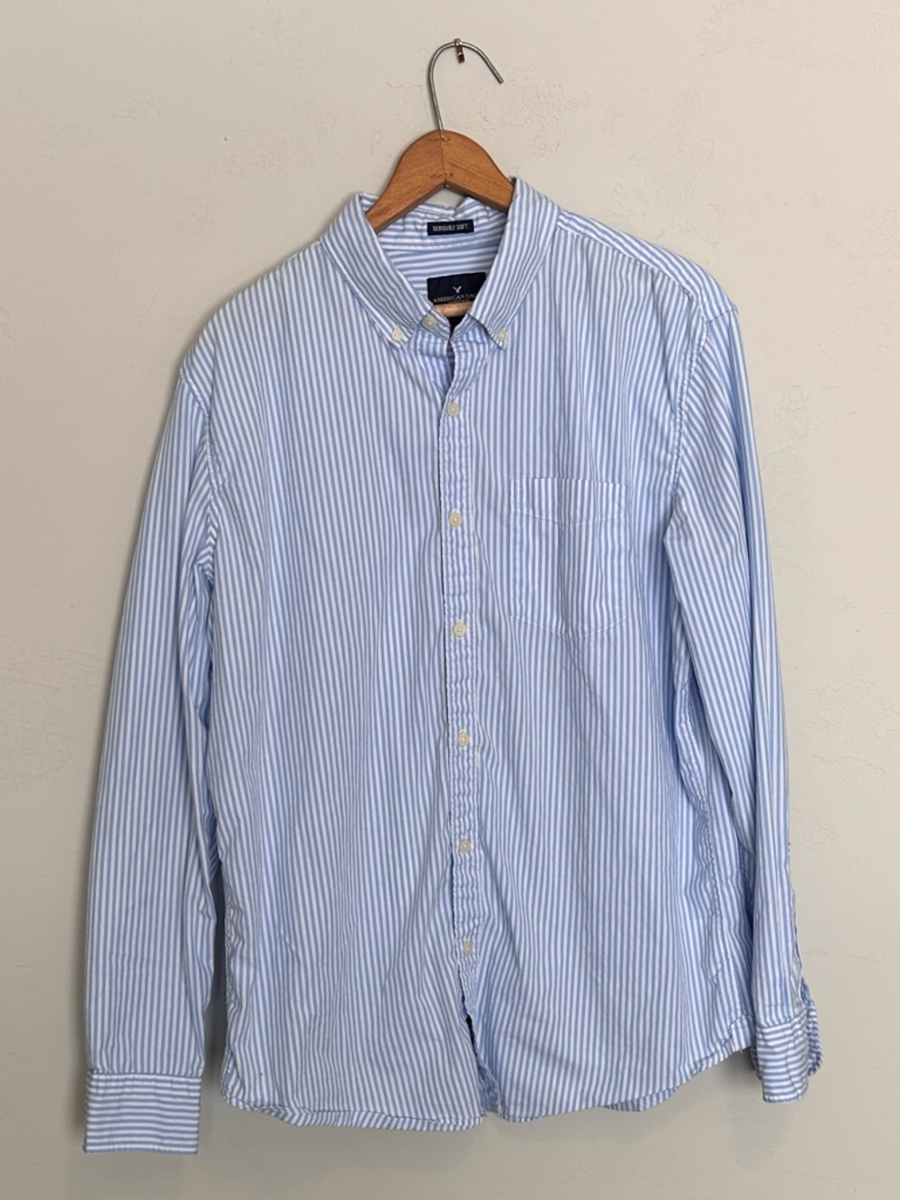 American Eagle Blue & White Striped Button-Up Shirt | Size Large
